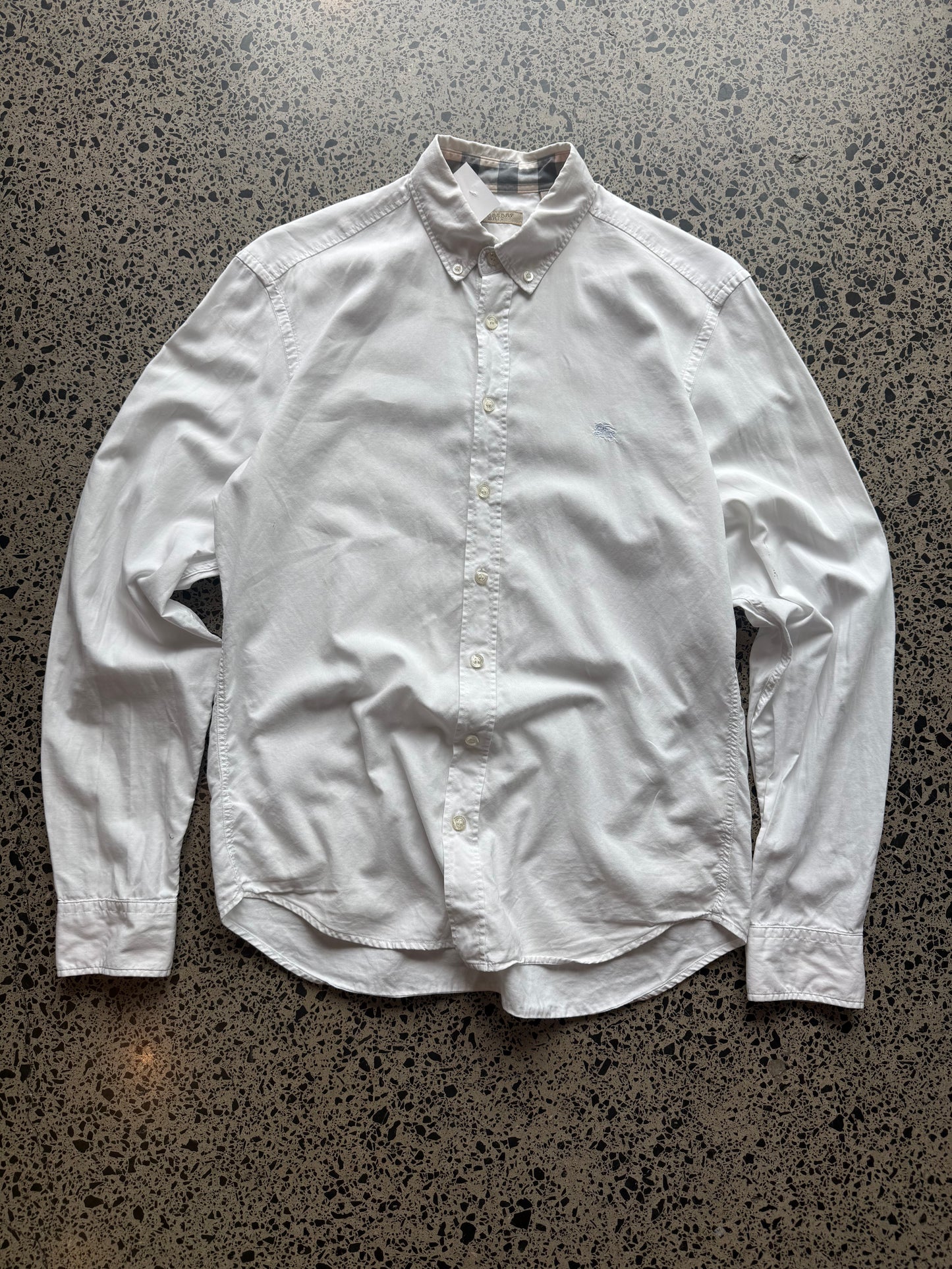 White Burberry white striped button-up shirt in size L. 