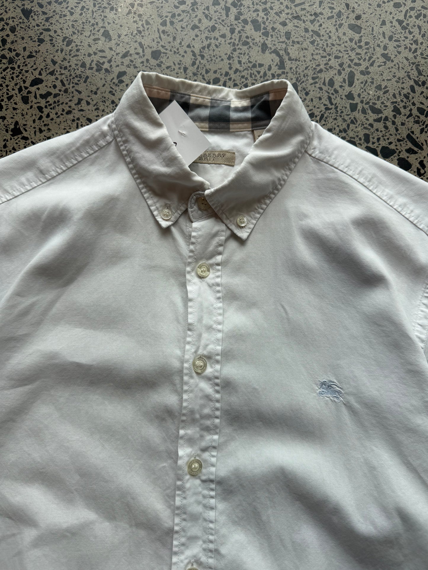 White Burberry white striped button-up shirt in size L. 