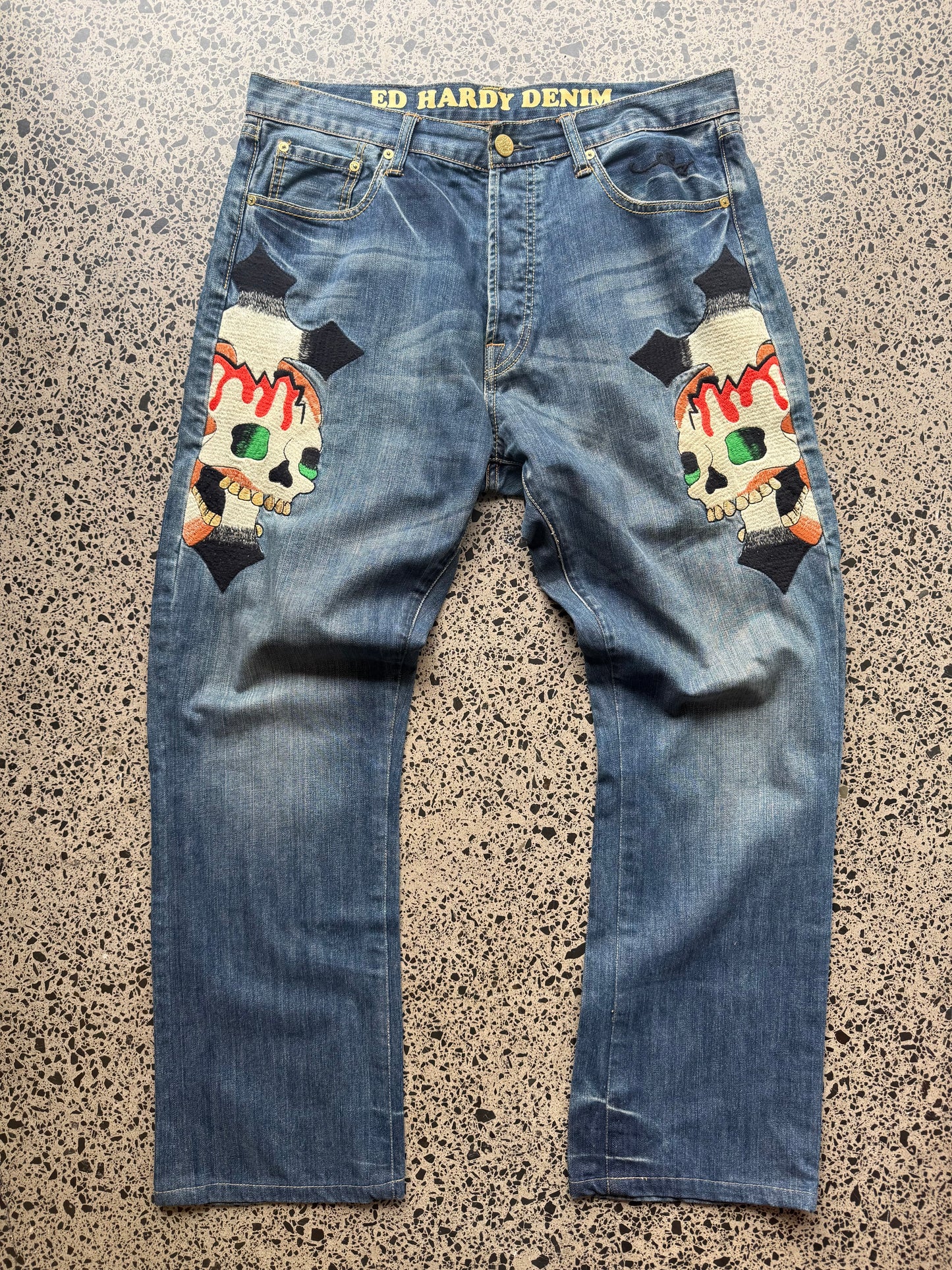 Ed Hardy Skull & Cross Embroidered Denim Jeans – 36W x 32L