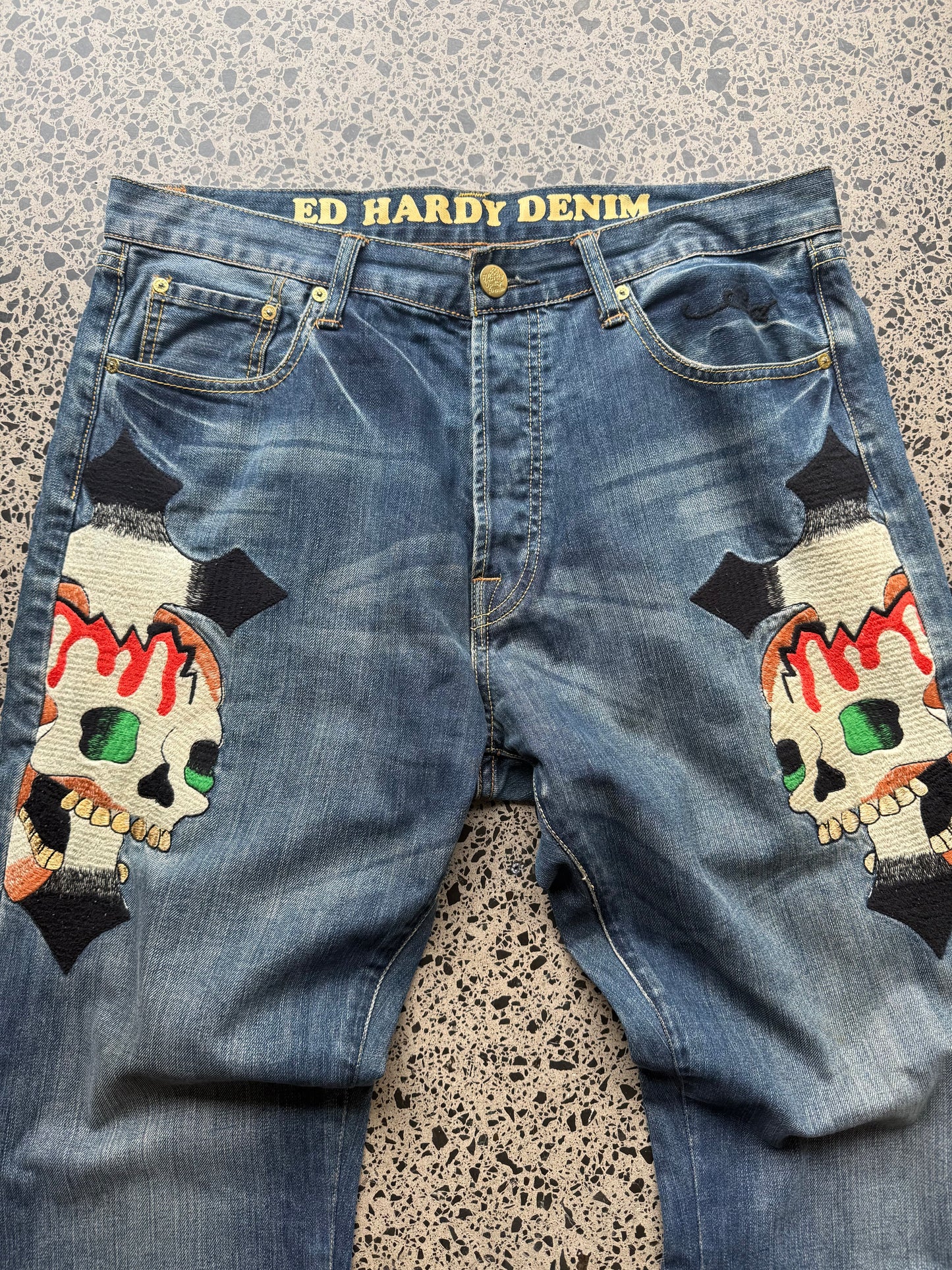 Ed Hardy Skull & Cross Embroidered Denim Jeans – 36W x 32L