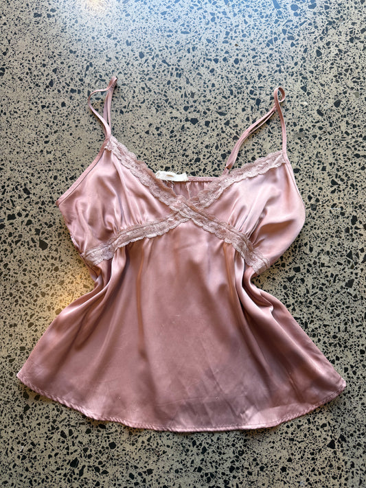Pink Satin Cami with Lace Detailing - L