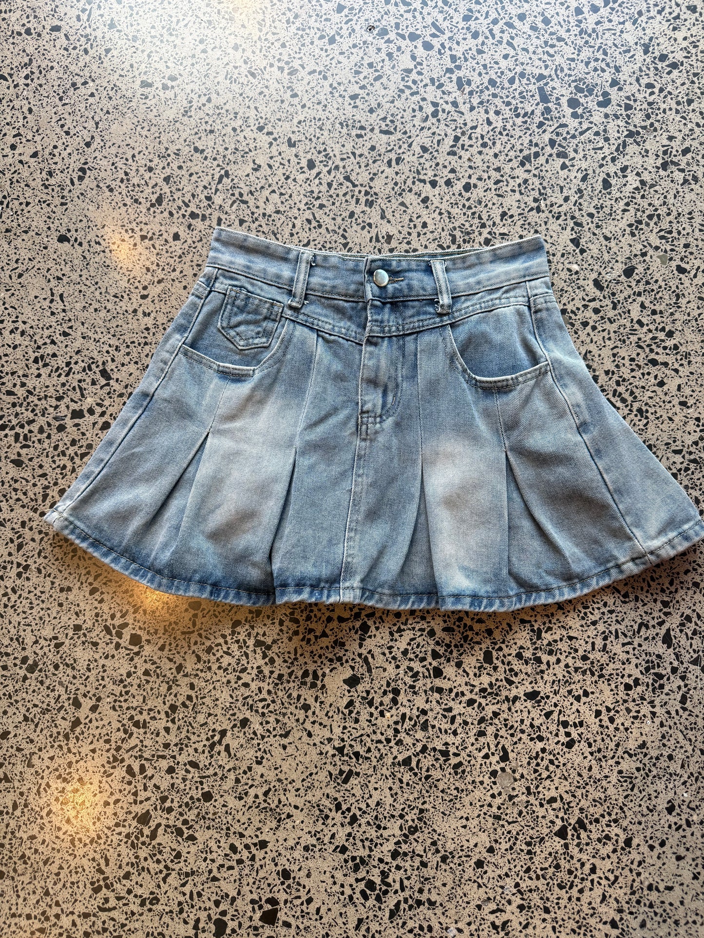 Pleated Light Blue Denim Mini Skirt - S