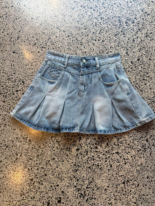 Pleated Light Blue Denim Mini Skirt - S