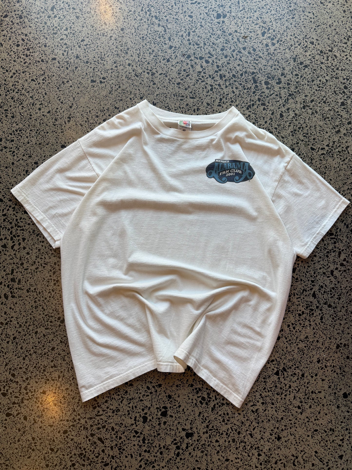 2001 Alabama Members Club graphic T-shirt, size XL, laid on polished concrete background, soft vintage cotton with simple music style print.