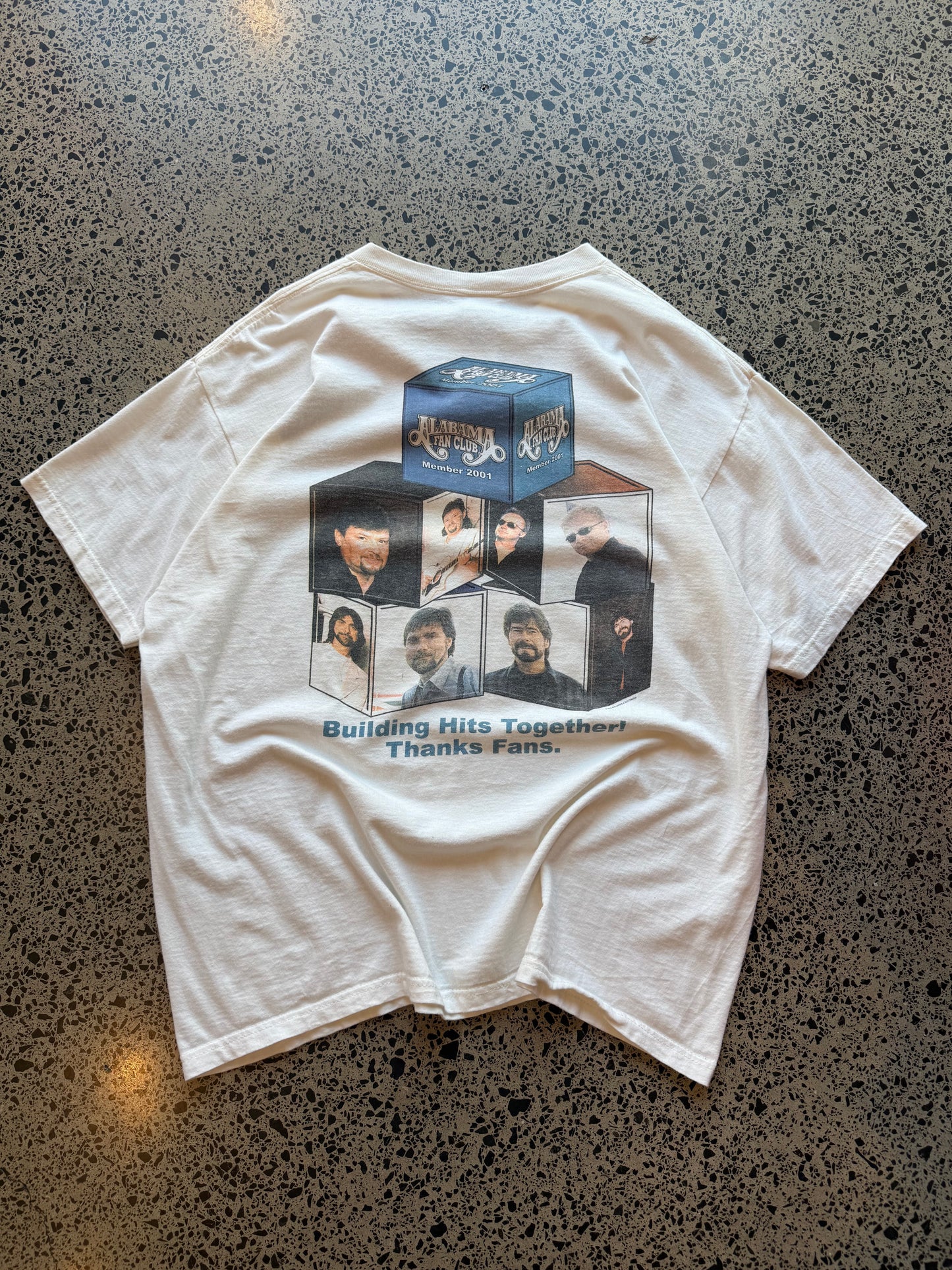 2001 Alabama Members Club graphic T-shirt, size XL, laid on polished concrete background, soft vintage cotton with simple music style print.
