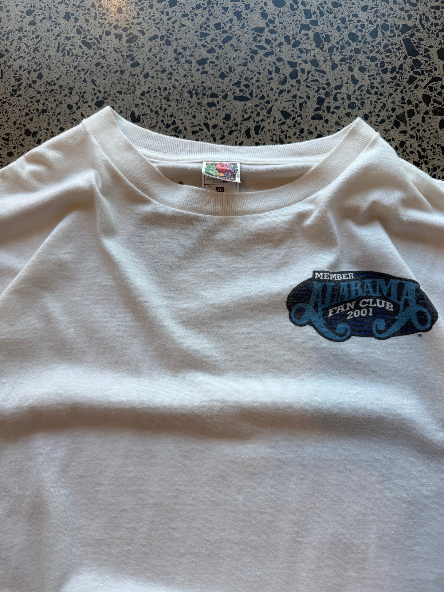 2001 Alabama Members Club graphic T-shirt, size XL, laid on polished concrete background, soft vintage cotton with simple music style print.