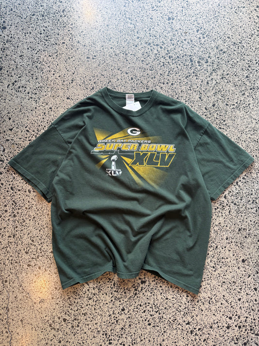 Cop this 2011 Super Bowl graphic tee by the Green Bay Packers NFL team on a green base and yellow graphics - 2XL 