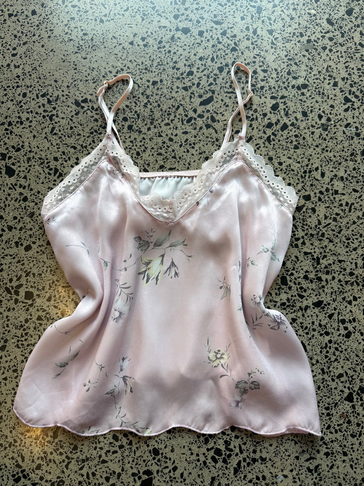 Floral Pink Satin Cami with Lace Detailing - S