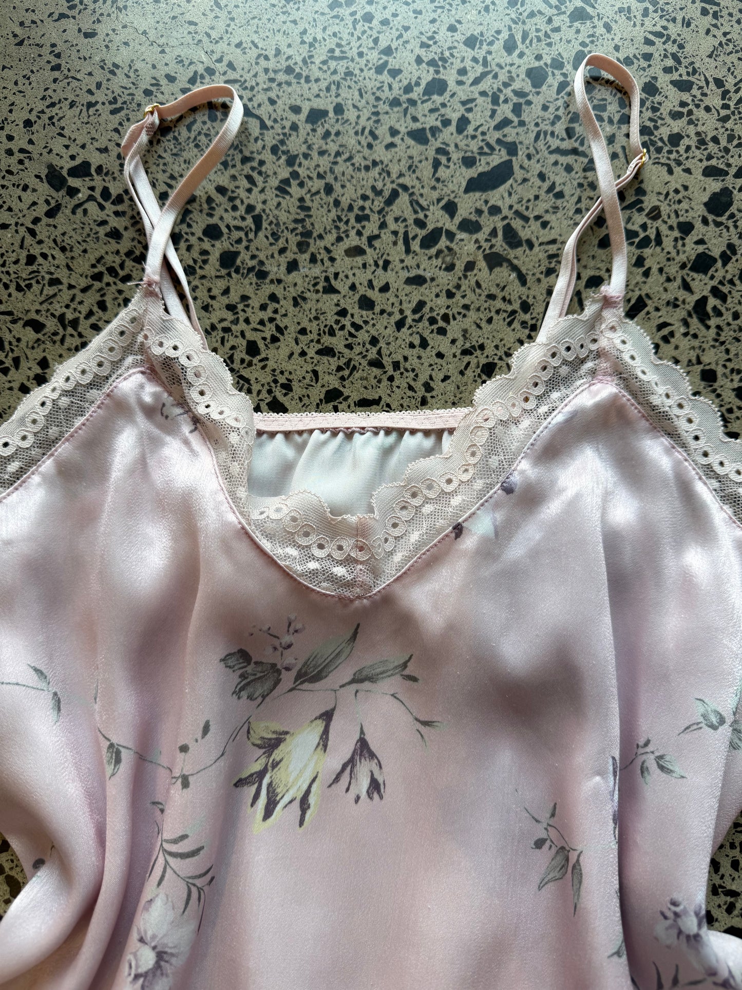 Floral Pink Satin Cami with Lace Detailing - S