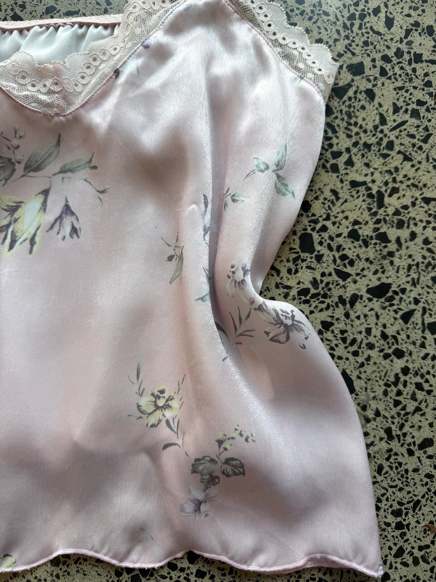 Floral Pink Satin Cami with Lace Detailing - S