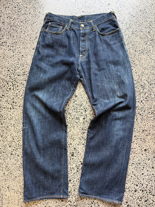 Red Monkey embroidered Japanese denim jeans. Dark indigo with large patchwork stitching. Size W36 L32.