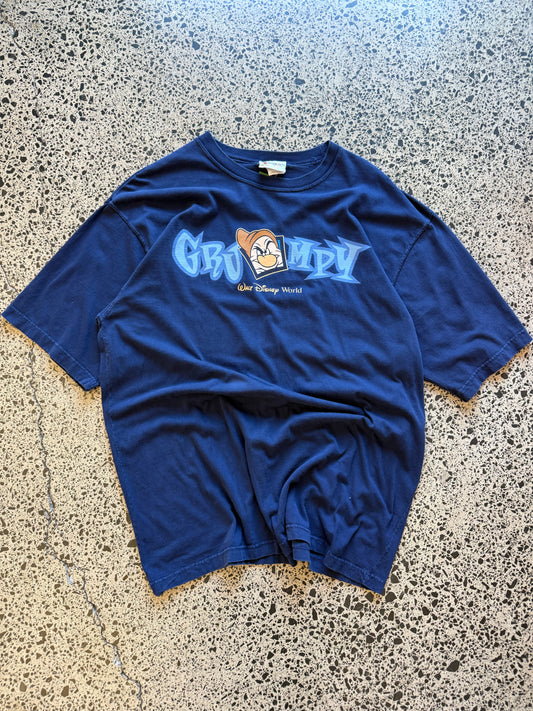 Vintage Y2K Disney Grumpy blue t-shirt with large front graphic and sarcastic slogan. Size L. Nostalgic Disney Parks tee