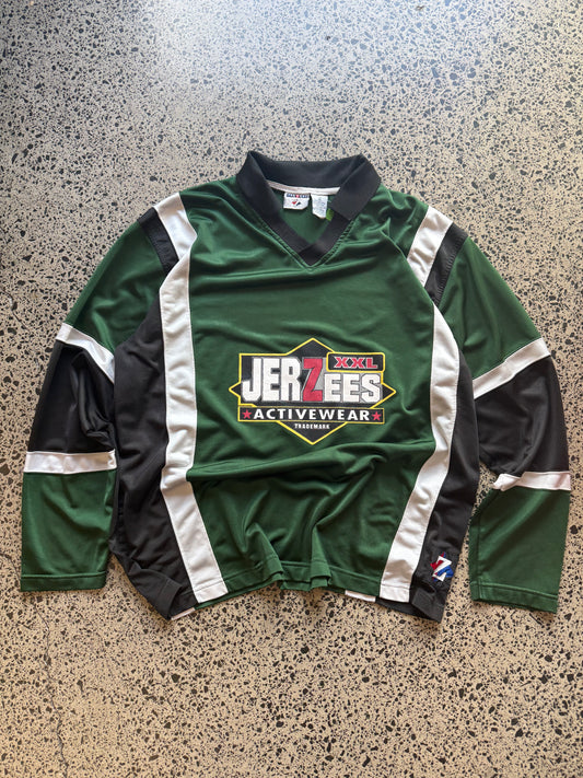 Front view of vintage 90s Jerzees NHL-style black, red, and white sports jersey in XL, laid flat on white background
