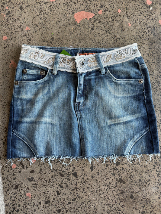 Denim Mini Skirt with Lace - S