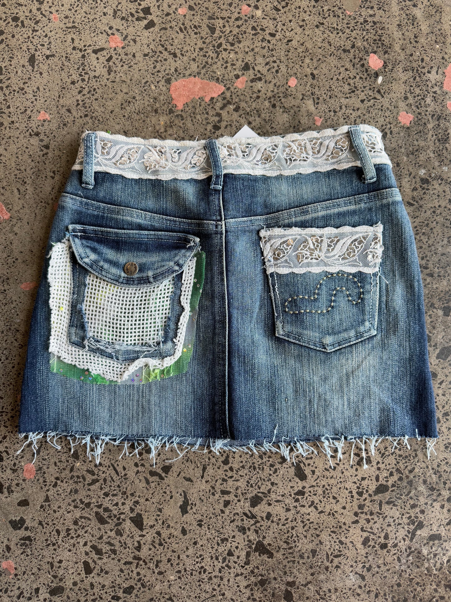 Denim Mini Skirt with Lace - S