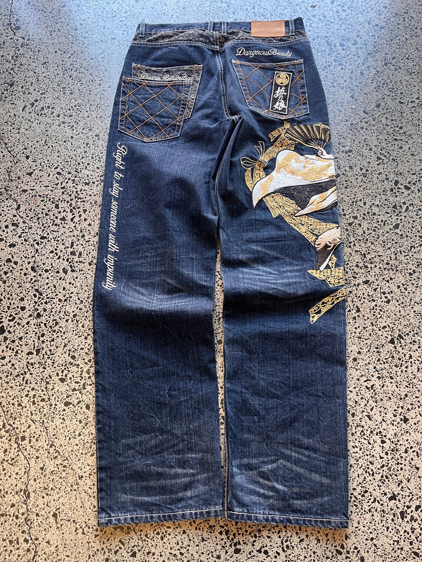 Divine Retribution Embroidered Samuri Girl Graphic Denim Jeans - 32W