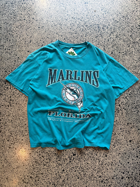Cop this 90's St. Florida Marlins MLB graphic tee on a blue base -XL 