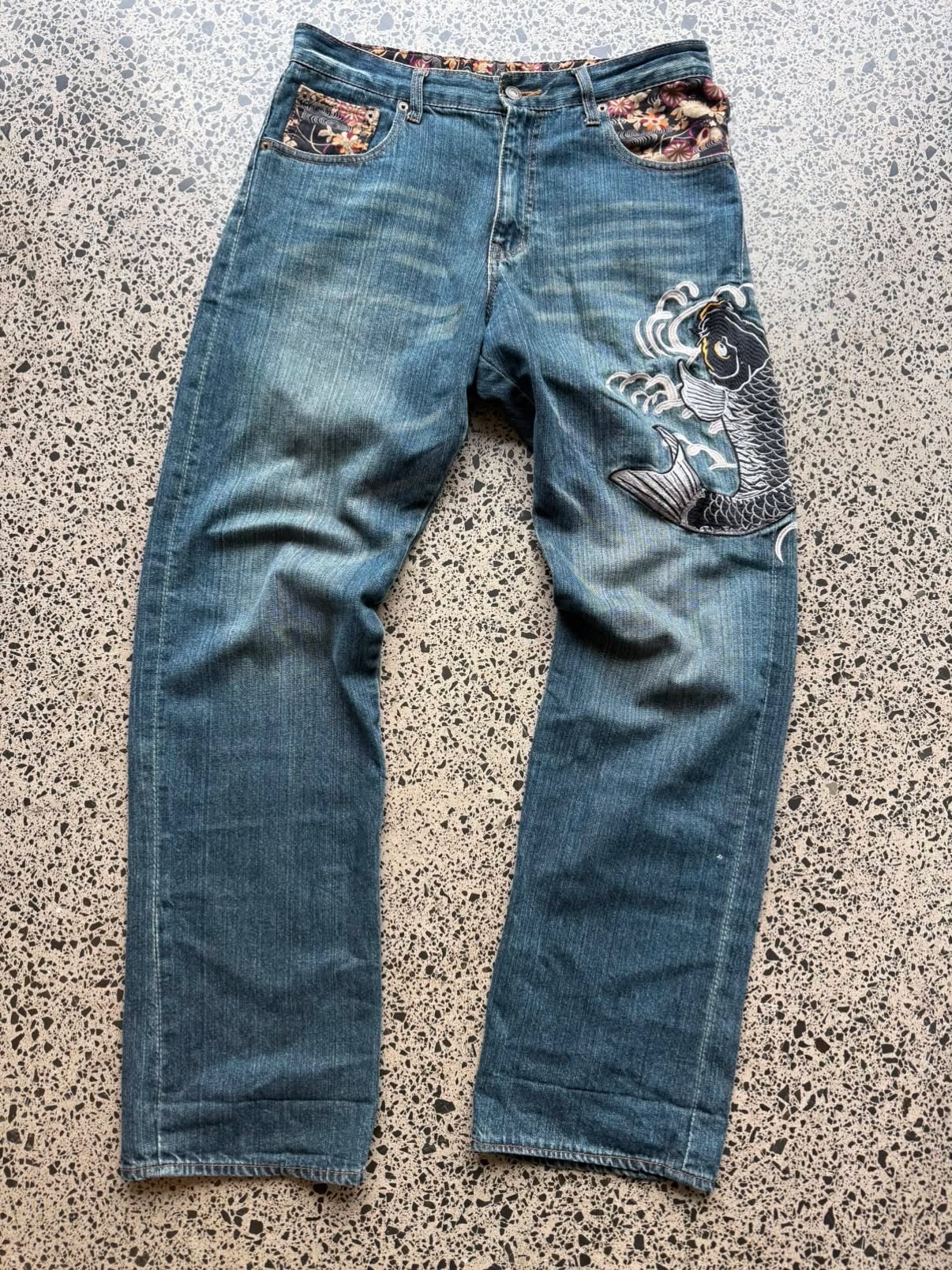Japanese Embroidered Koi Fish Denim Jeans - 32W