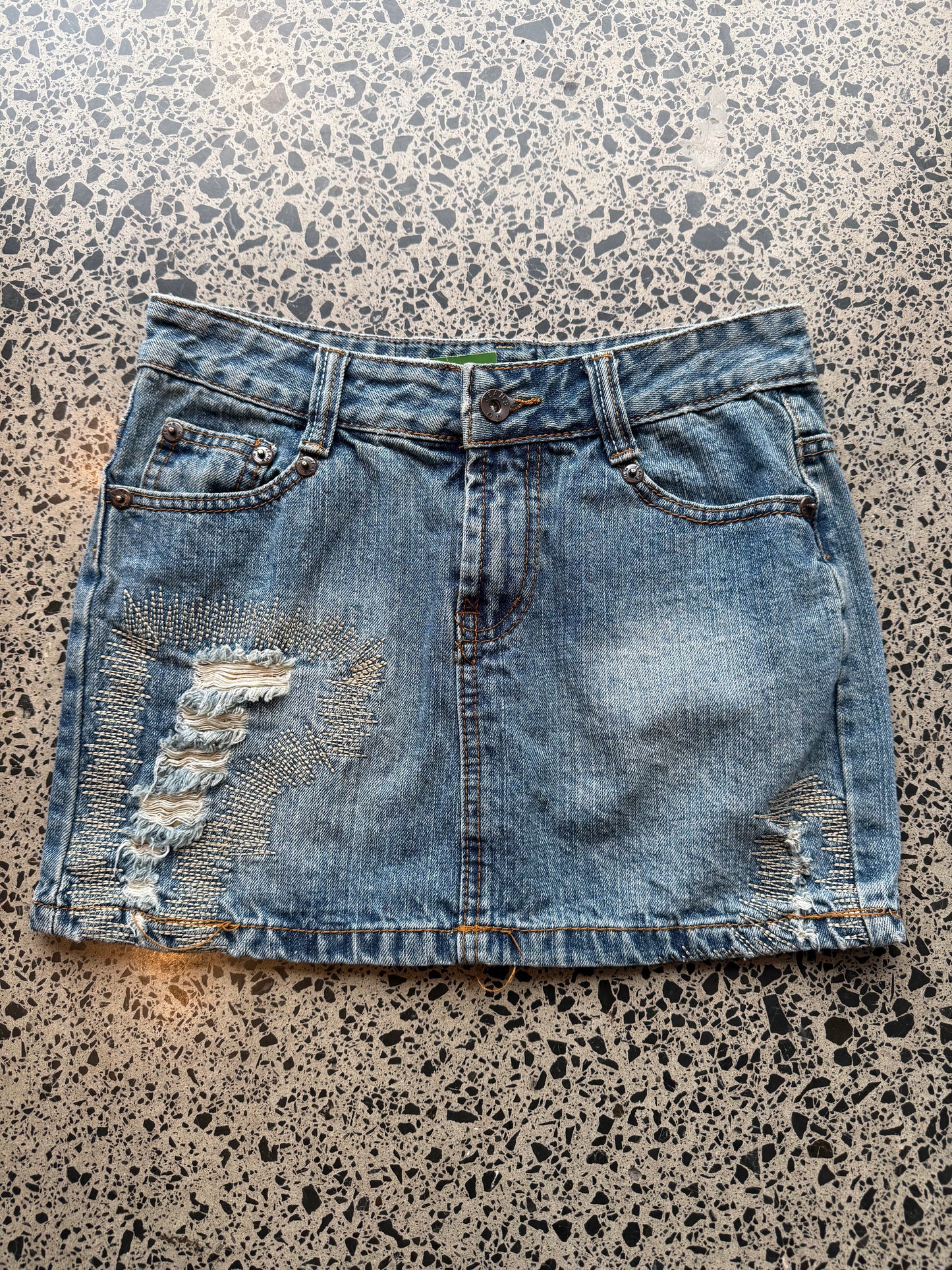 Blue Denim Mini Skirt with Faded Rips - S