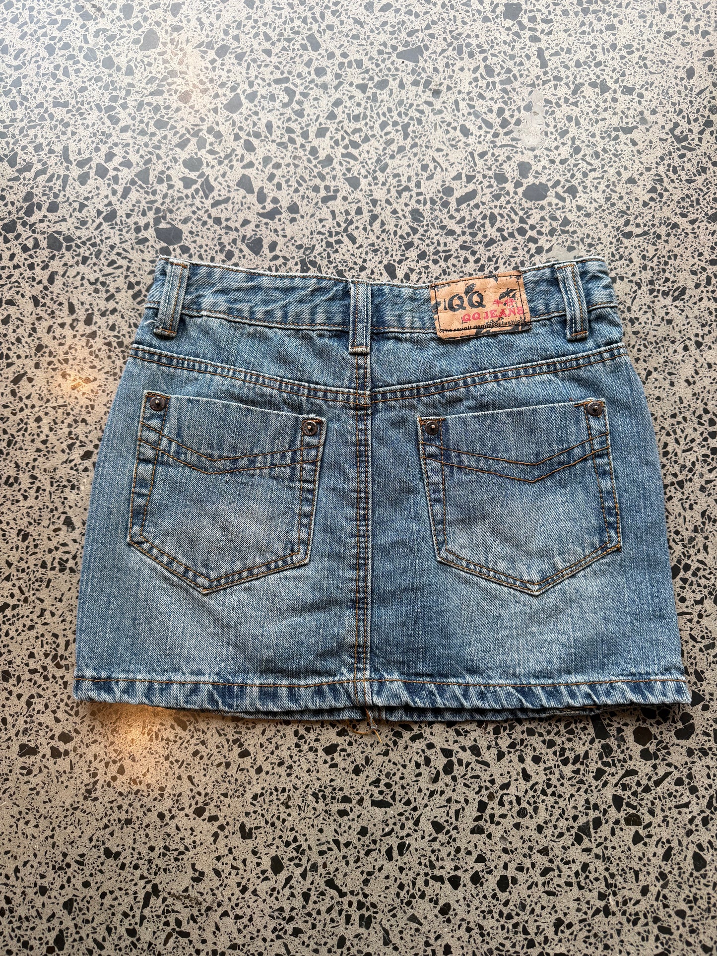 Blue Denim Mini Skirt with Faded Rips - S