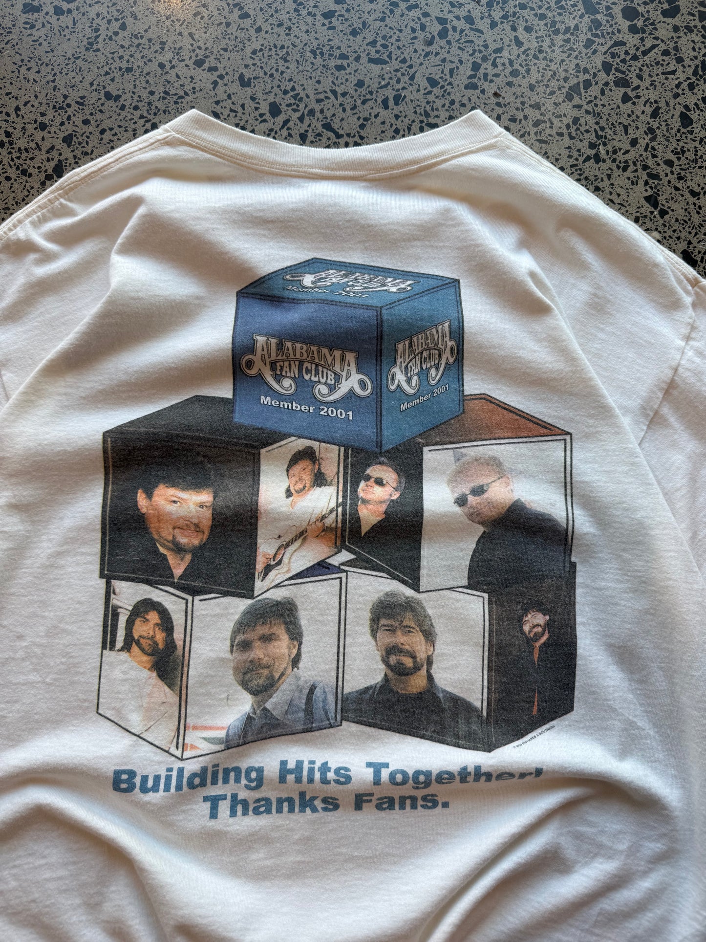 2001 Alabama Members Club graphic T-shirt, size XL, laid on polished concrete background, soft vintage cotton with simple music style print.