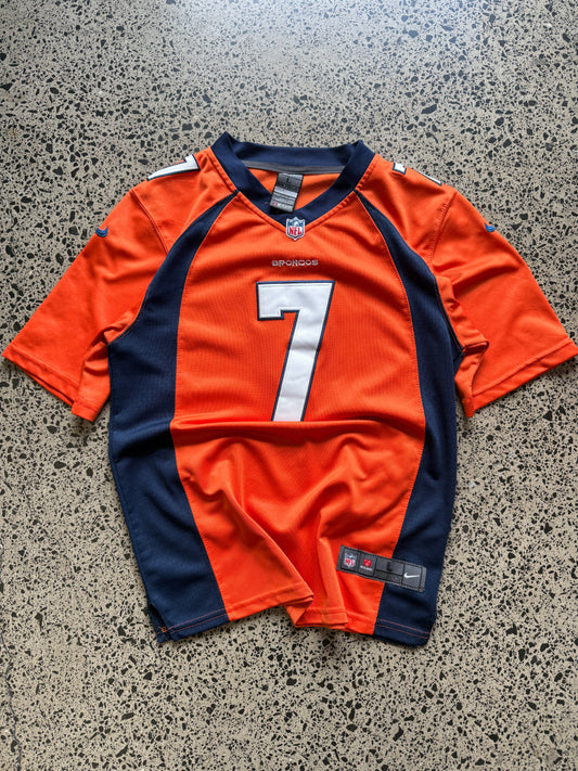 Denver Broncos John Elway NFL jersey size L laid on polished concrete background — bright orange with navy and white detailing and Broncos logo.
