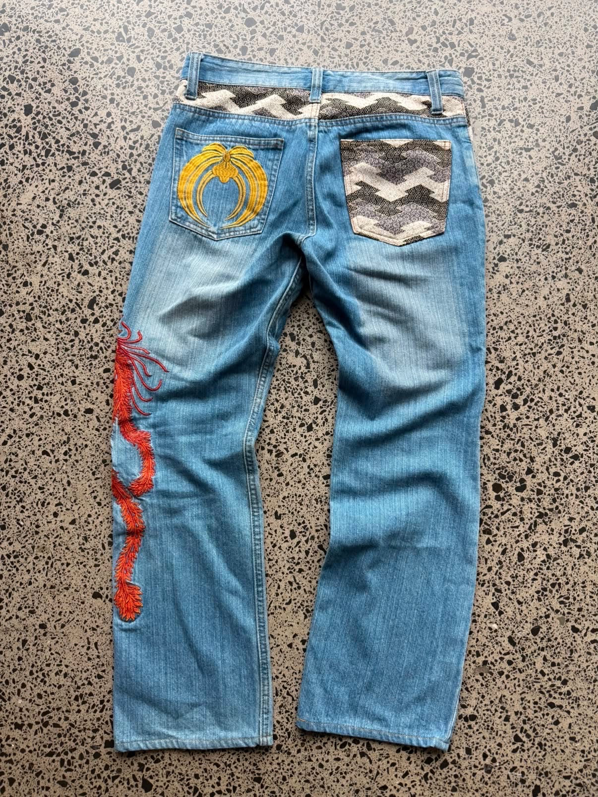 Miyabi Musubi Embroidered Red Phoenix Denim Jeans - 32W