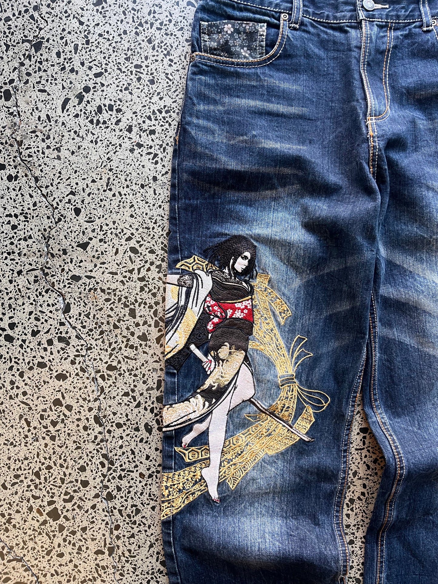 Divine Retribution Embroidered Samuri Girl Graphic Denim Jeans - 32W
