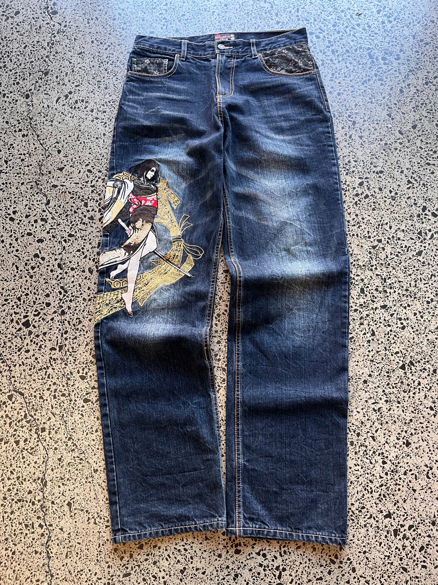 Divine Retribution Embroidered Samuri Girl Graphic Denim Jeans - 32W