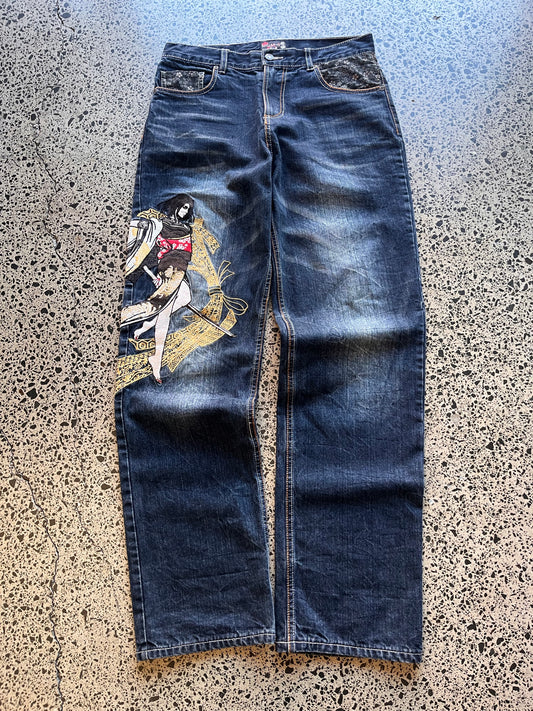 Divine Retribution Embroidered Samuri Girl Graphic Denim Jeans - 32W