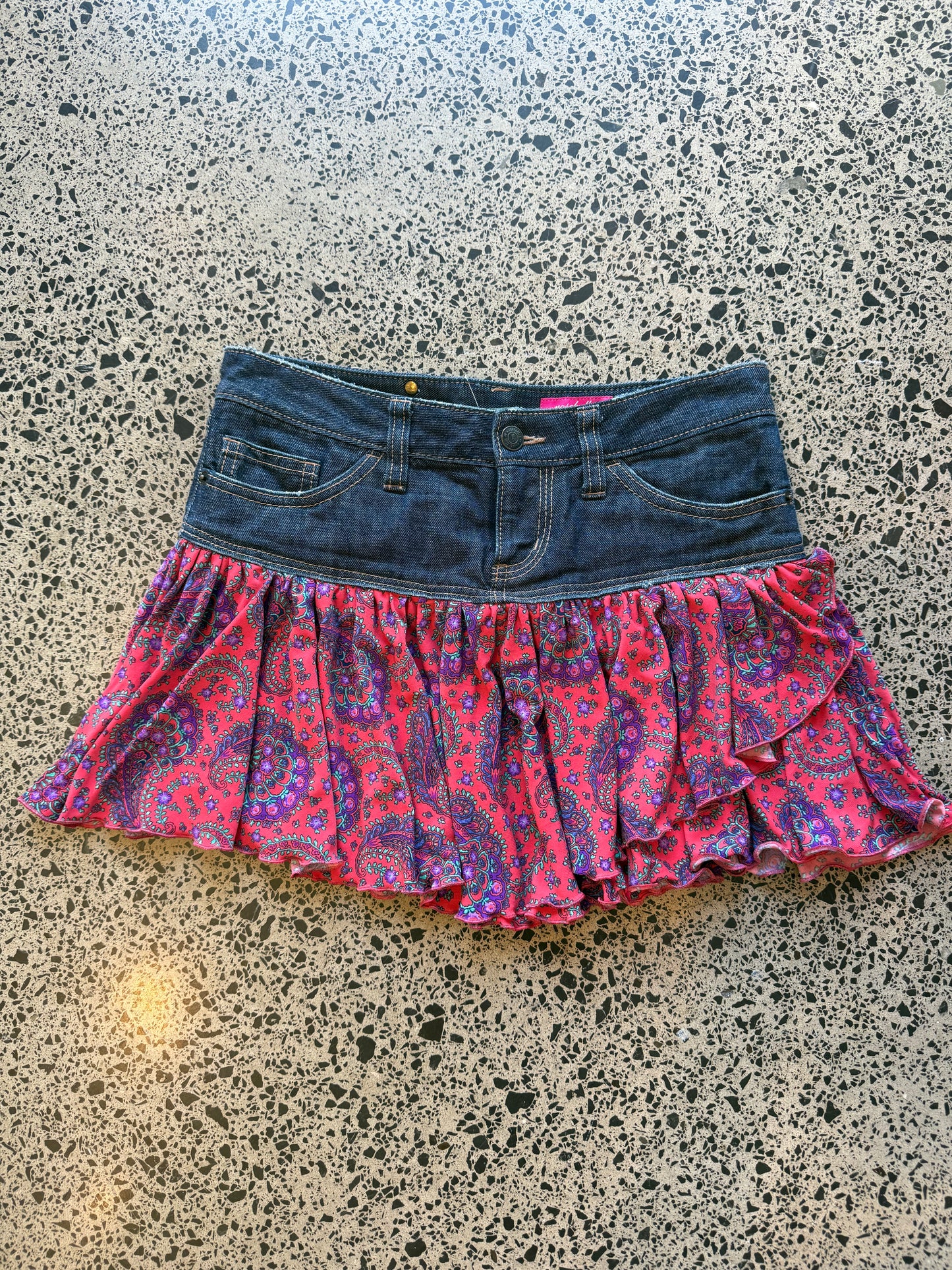 Blue Denim & Fabric Mini Skirt - S