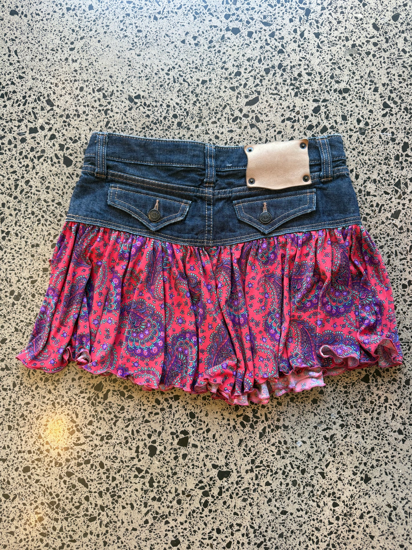 Blue Denim & Fabric Mini Skirt - S