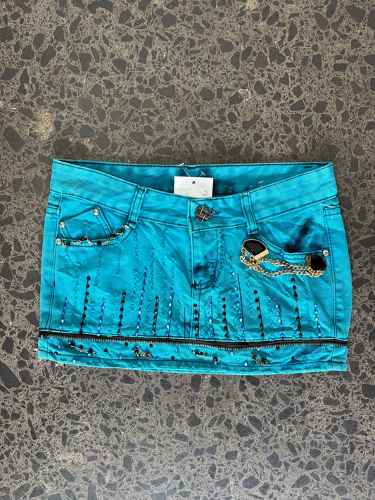 Y2k Turquoise Mini Skirt with Charms - S