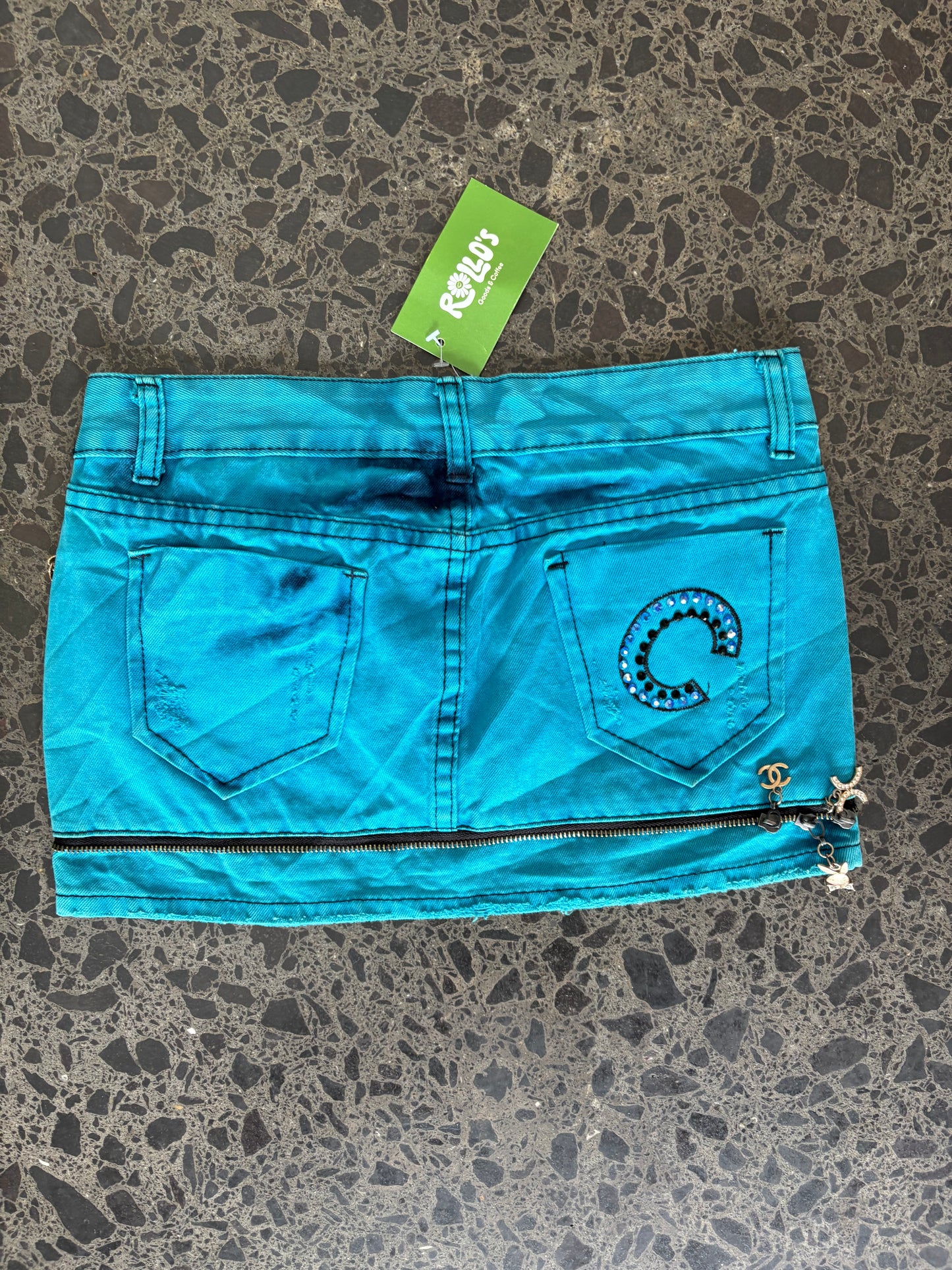 Y2k Turquoise Mini Skirt with Charms - S