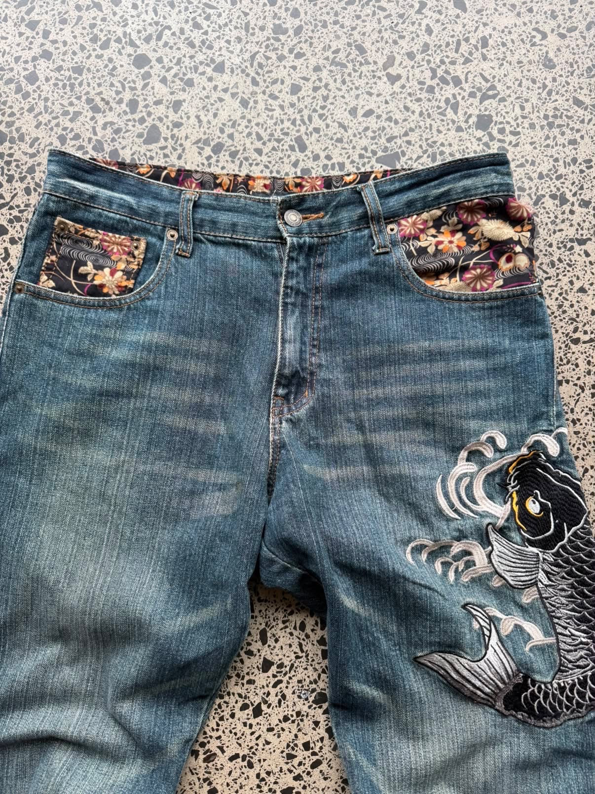 Japanese Embroidered Koi Fish Denim Jeans - 32W