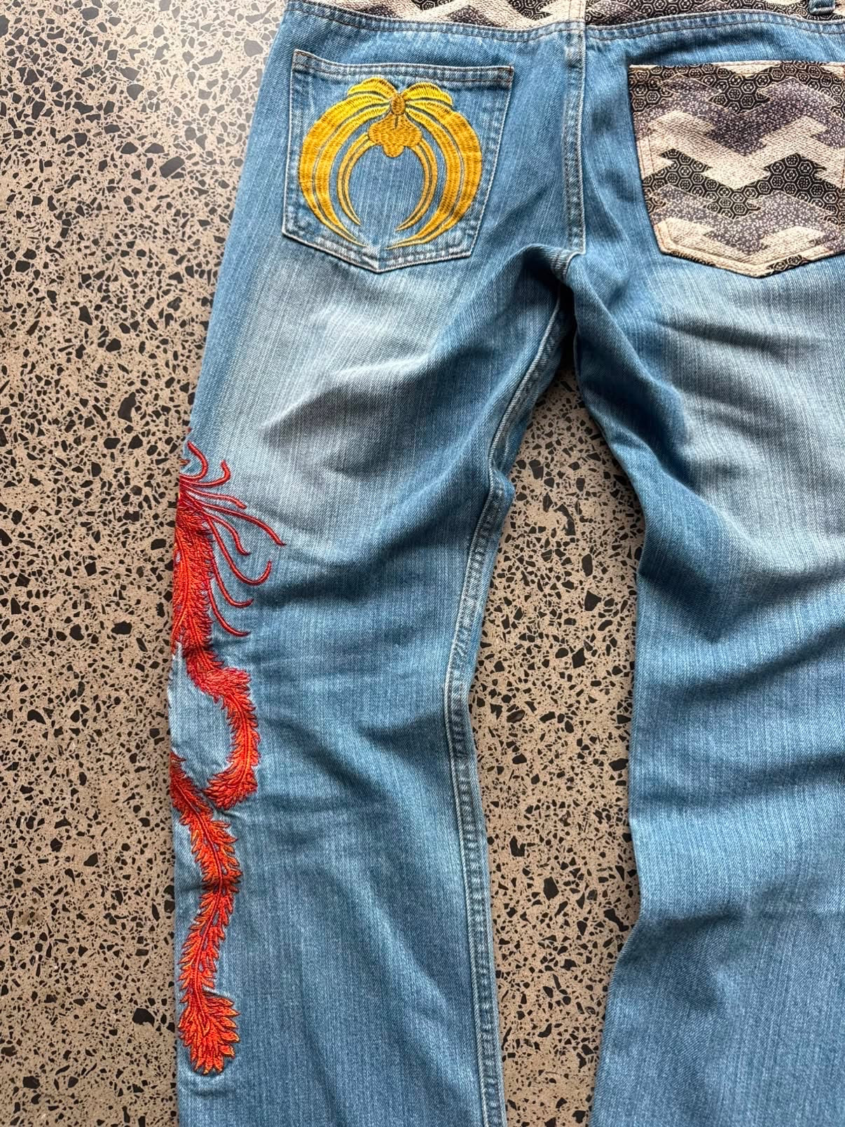 Miyabi Musubi Embroidered Red Phoenix Denim Jeans - 32W