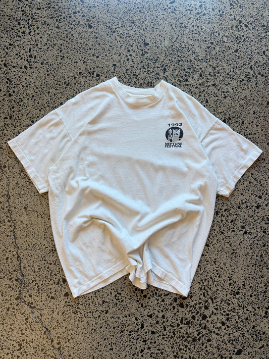 Vintage 1992 Neptune Festival white t-shirt with colourful King Neptune graphic. Size XL. Coastal single-stitch tee.