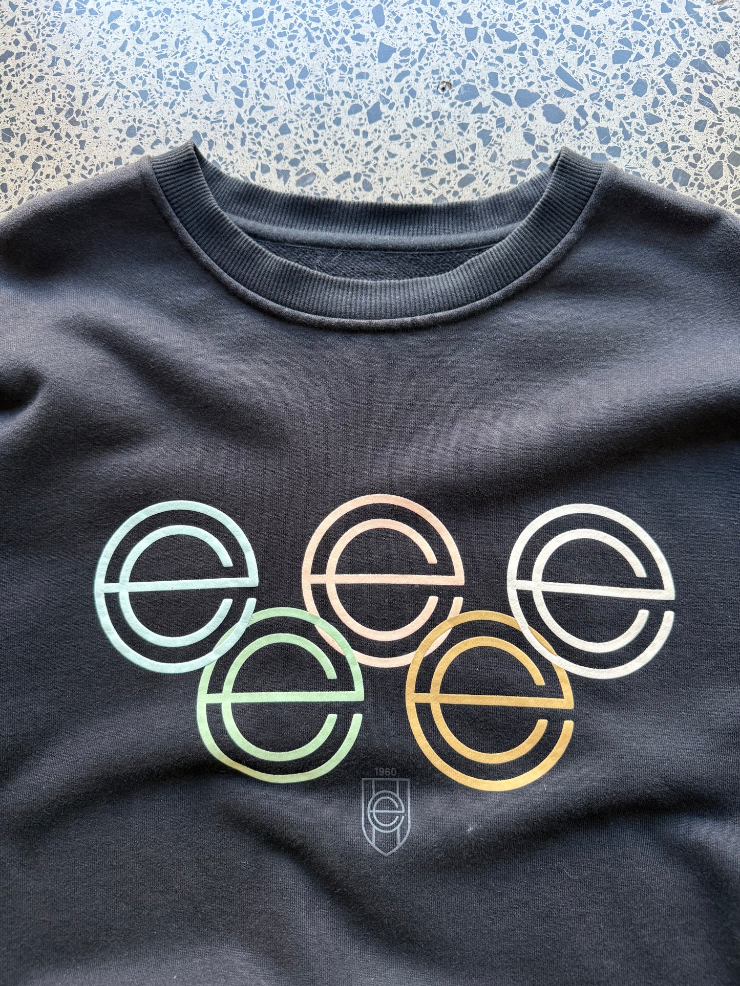 Earl’s Collection graphic crewneck size L laid flat on polished concrete background, streetwear sweatshirt with bold front graphic and relaxed fit.