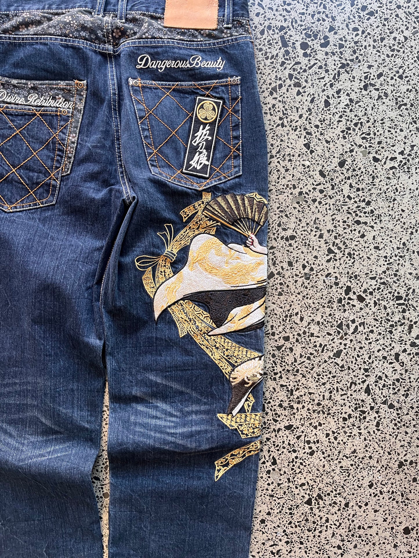 Divine Retribution Embroidered Samuri Girl Graphic Denim Jeans - 32W