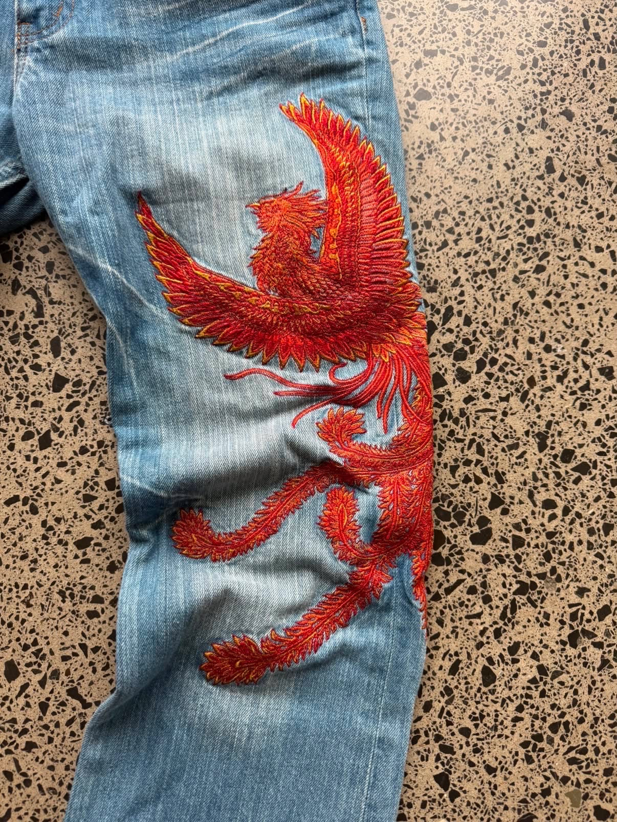 Miyabi Musubi Embroidered Red Phoenix Denim Jeans - 32W
