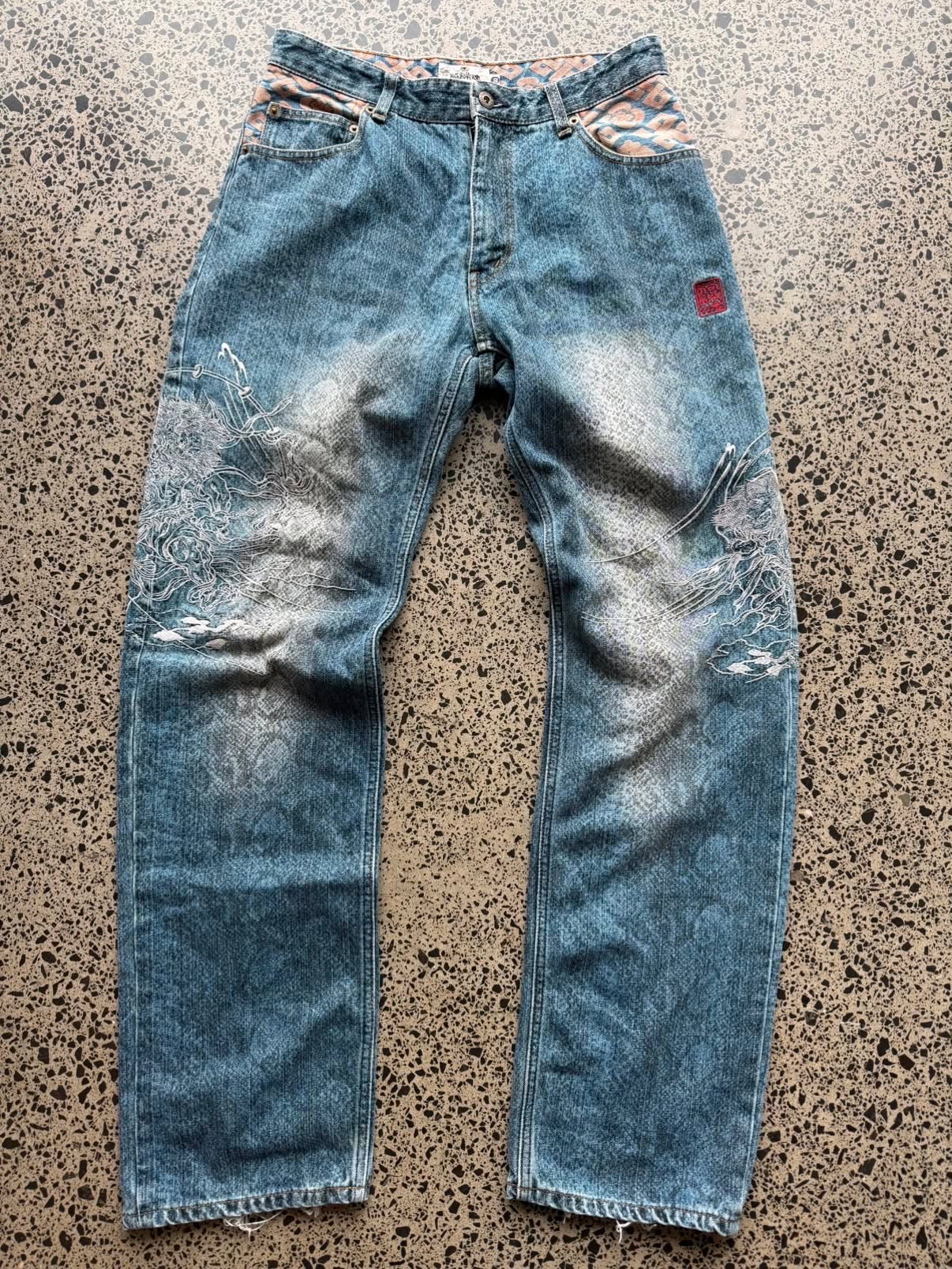 GRAIL Japanese Karakuri Tamashii Demon Warrior Embroidered Denim Jeans - 30W