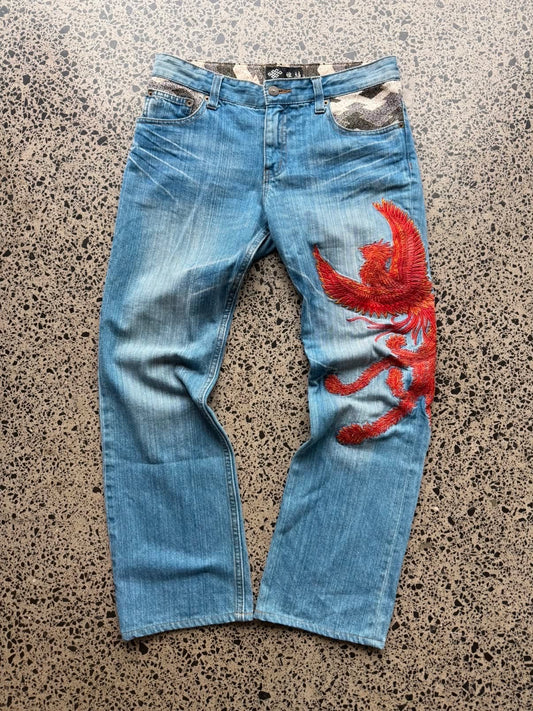 Miyabi Musubi Embroidered Red Phoenix Denim Jeans - 32W