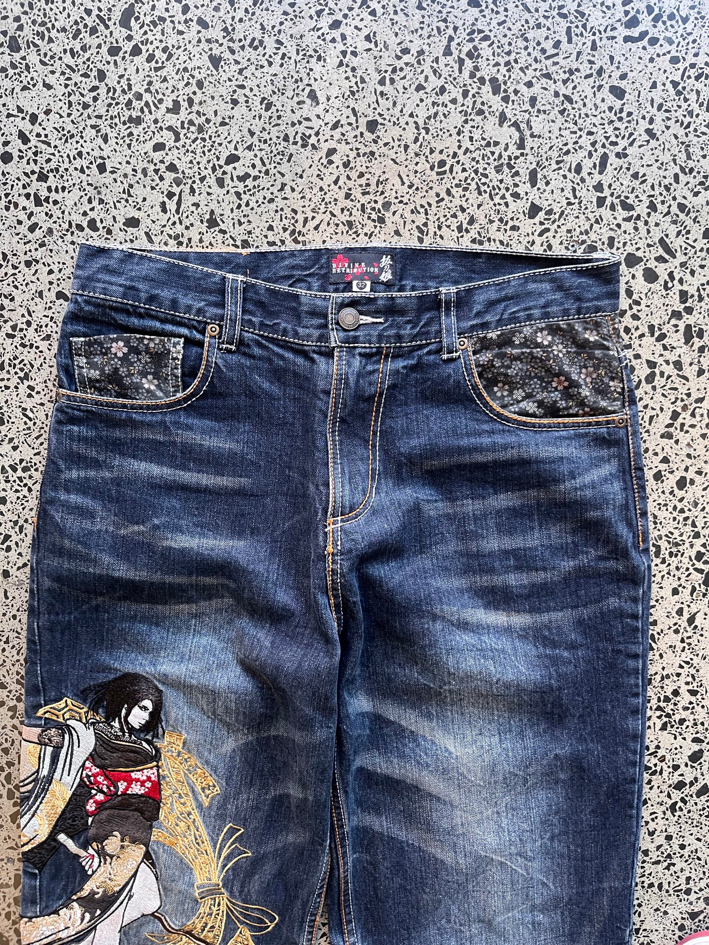 Divine Retribution Embroidered Samuri Girl Graphic Denim Jeans - 32W
