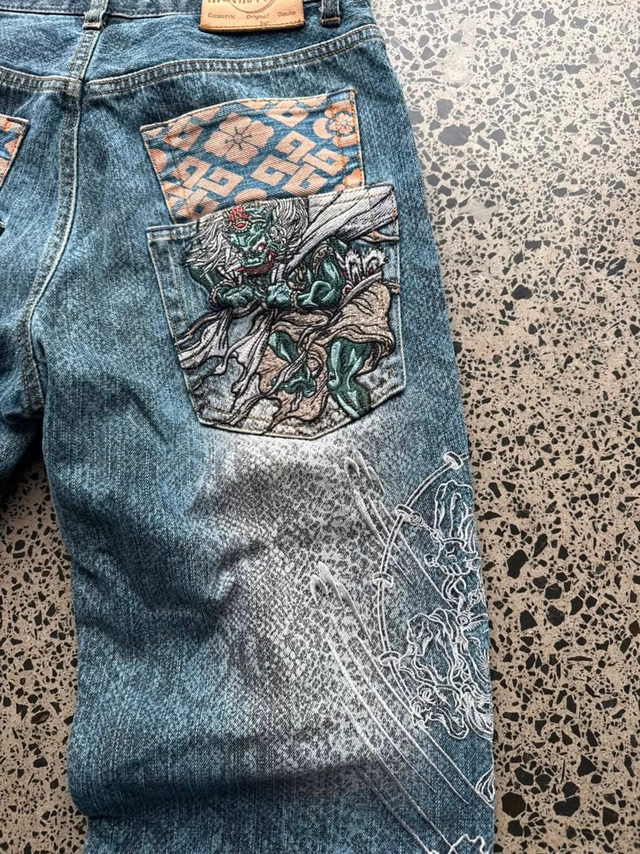 GRAIL Japanese Karakuri Tamashii Demon Warrior Embroidered Denim Jeans - 30W