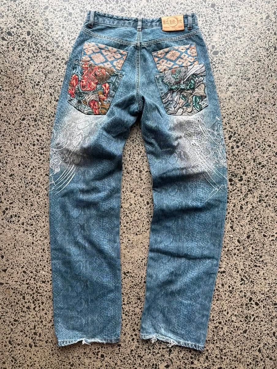 GRAIL Japanese Karakuri Tamashii Demon Warrior Embroidered Denim Jeans - 30W
