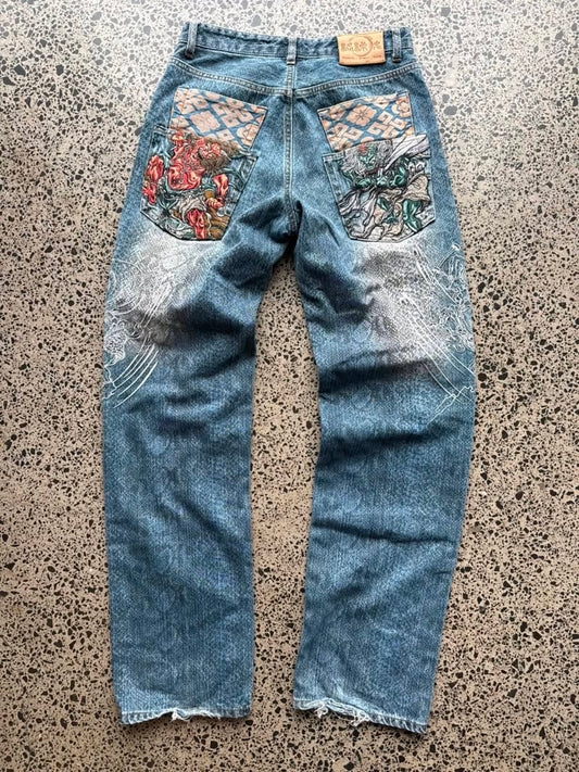 GRAIL Japanese Karakuri Tamashii Demon Warrior Embroidered Denim Jeans - 30W