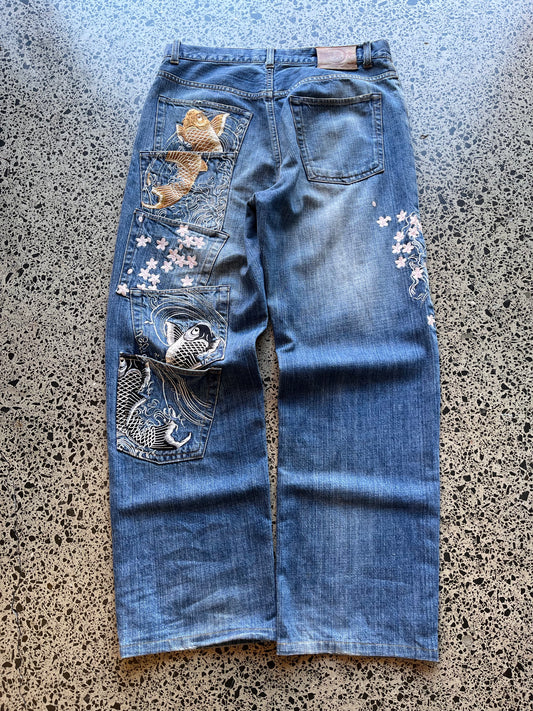 Karakuri Tamashii Embroidered Quintuple Koi Fish Pocket Denim Jeans - 32W