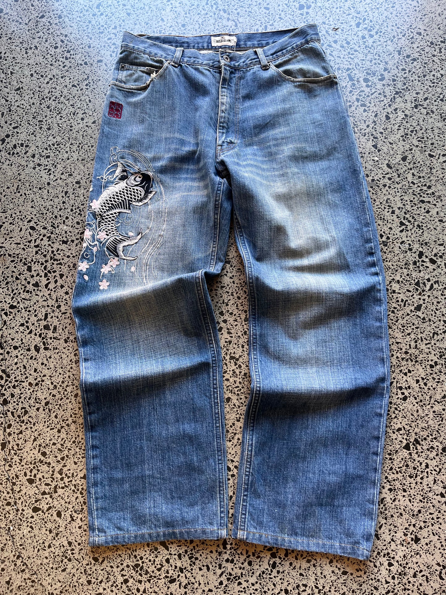 Karakuri Tamashii Embroidered Quintuple Koi Fish Pocket Denim Jeans - 32W