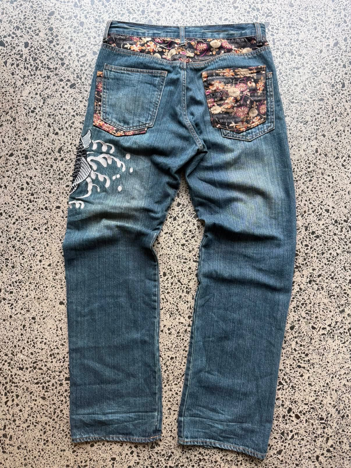 Japanese Embroidered Koi Fish Denim Jeans - 32W