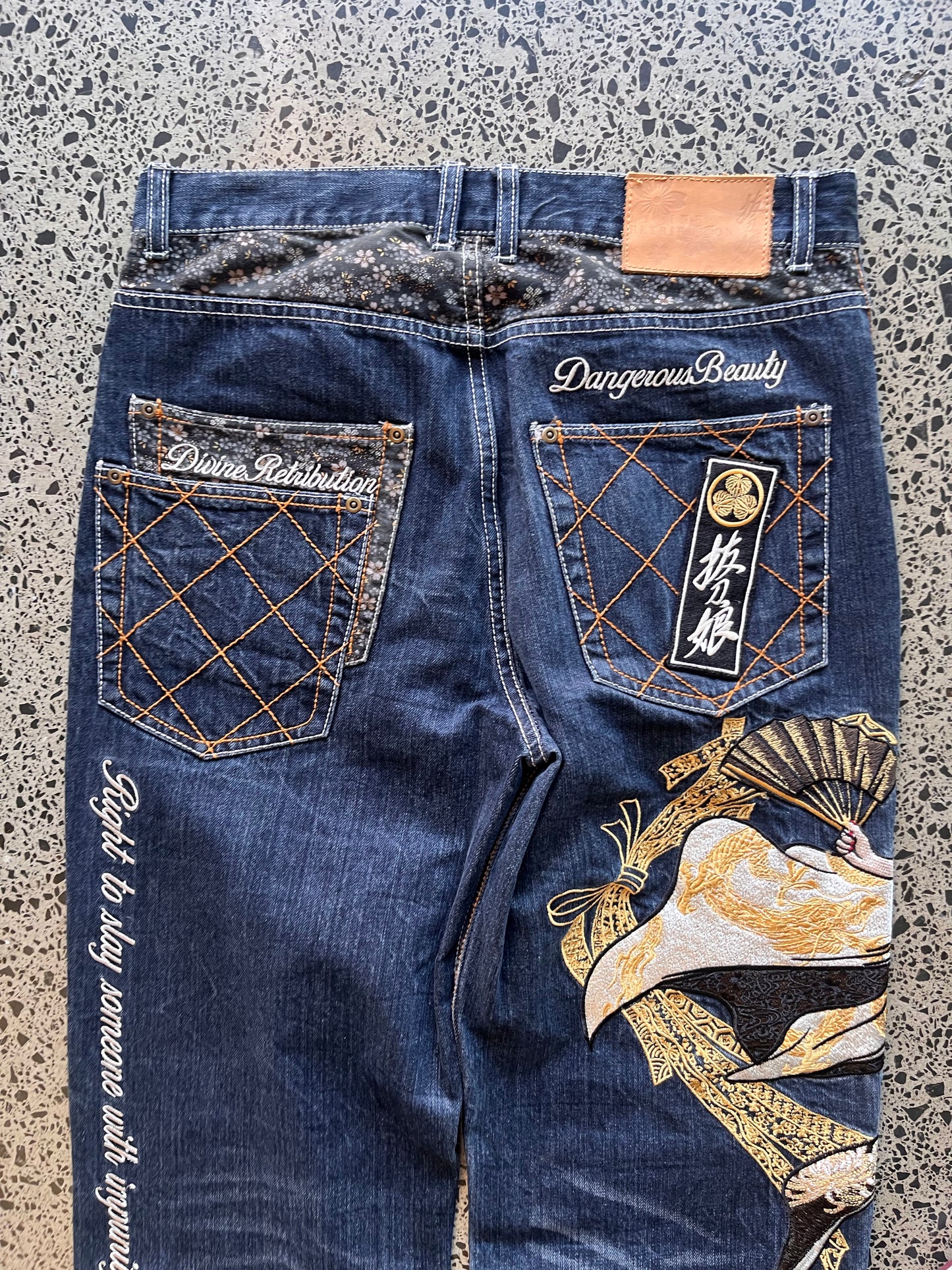 Divine Retribution Embroidered Samuri Girl Graphic Denim Jeans - 32W